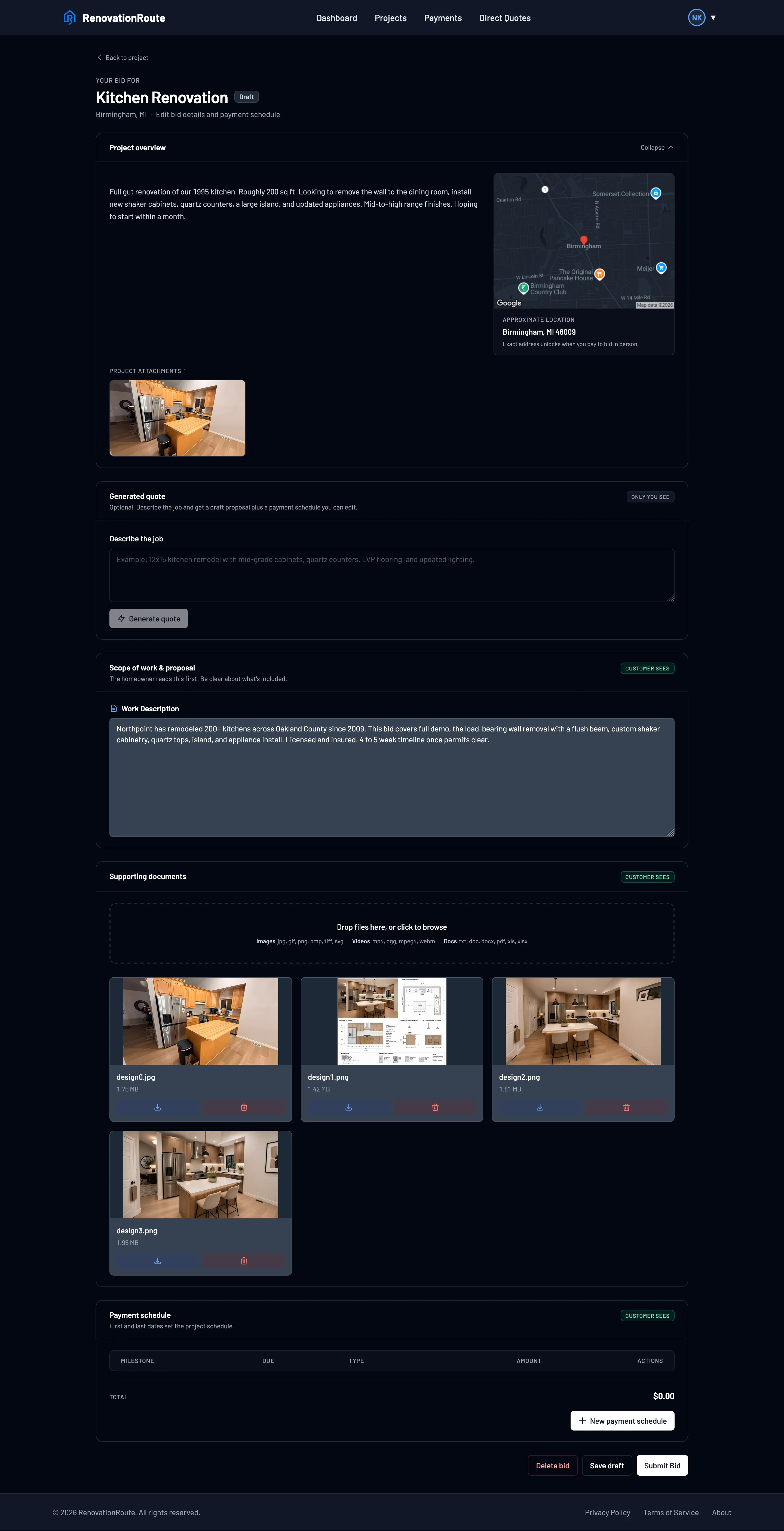 Building a scoped quote in RenovationRoute, with materials and a milestone schedule