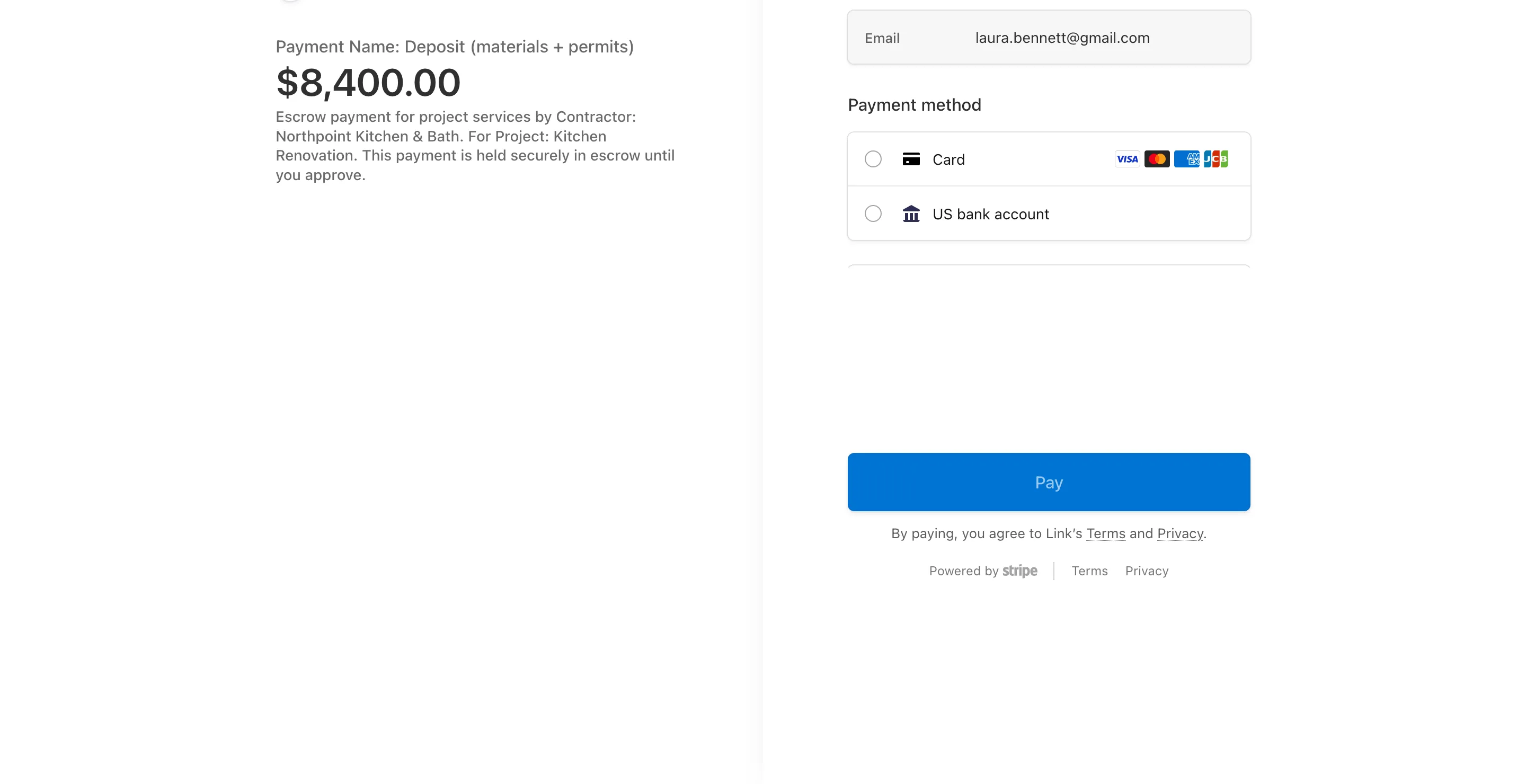 Paying a milestone into escrow through Stripe