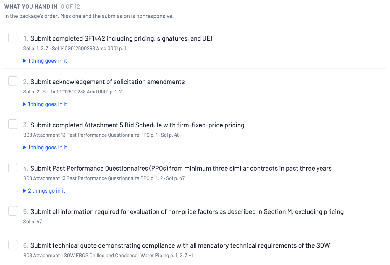 RenovationRoute bid checklist for a USGS chilled water piping job: what you hand in, in the package's order, each item with its solicitation page numbers