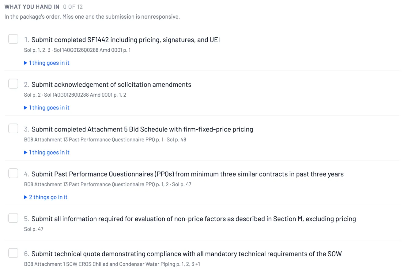 RenovationRoute bid checklist for USGS EROS chilled and condenser water piping: what you hand in, from the SF1442 to past performance questionnaires, each with solicitation page numbers