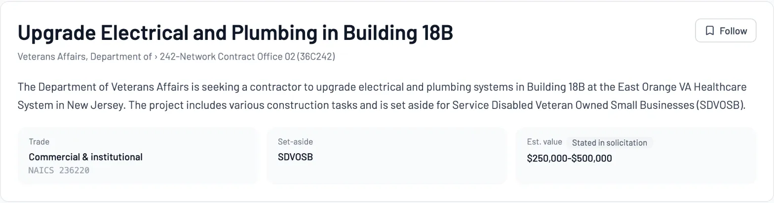 RenovationRoute brief for a VA electrical and plumbing upgrade in East Orange, NJ: NAICS 236220, SDVOSB set-aside, $250,000 to $500,000 stated in the solicitation