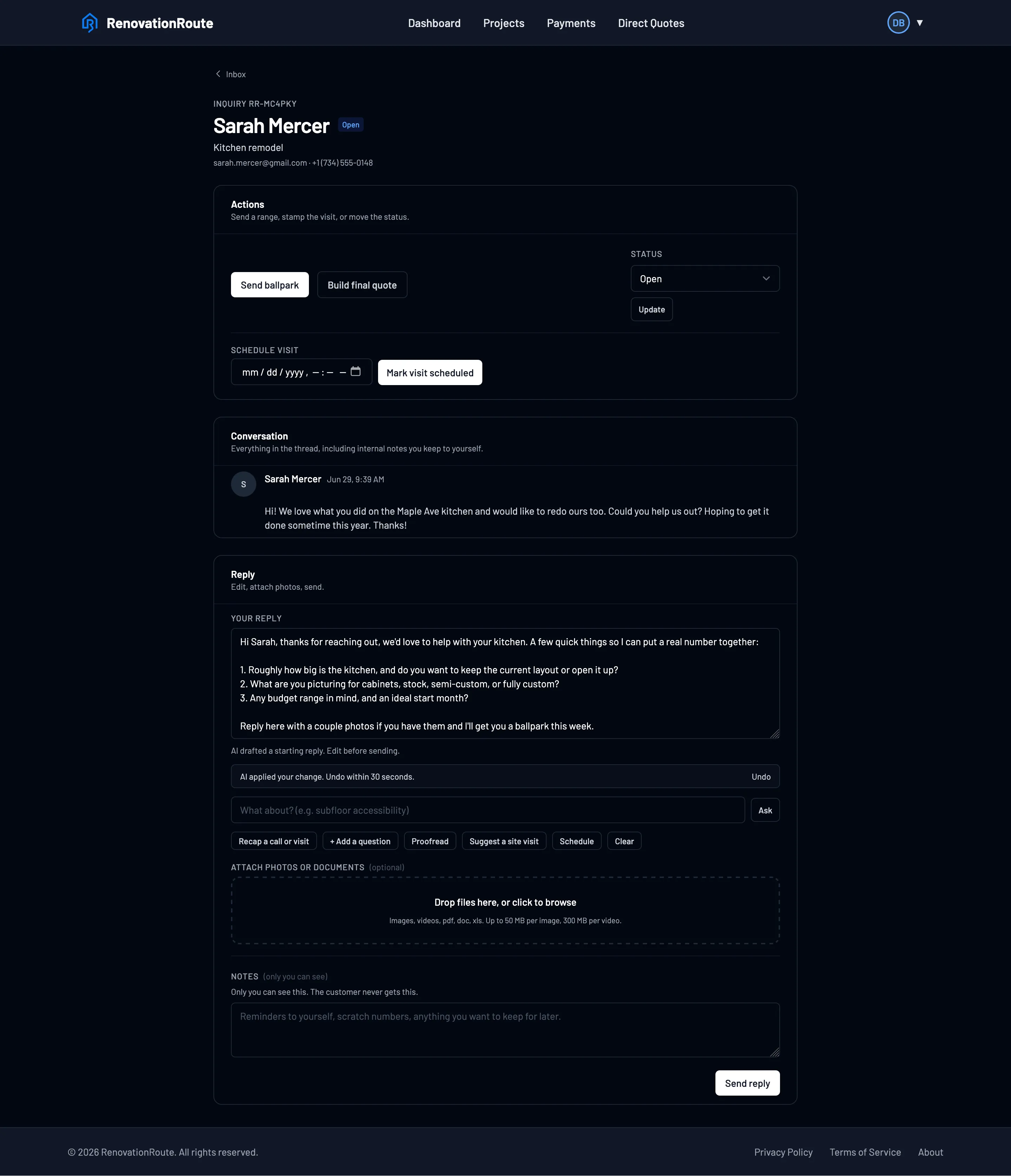The ticket the contractor opens, with an AI-drafted reply ready to send